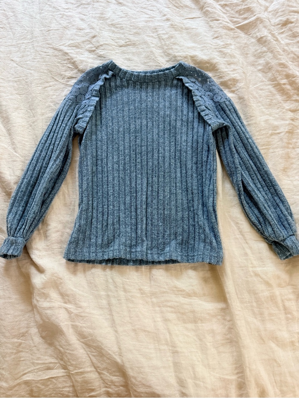 Ribbed Lace-Trim Pullover - Blue